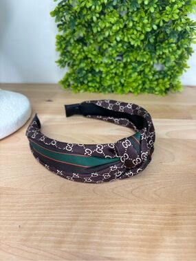 Brown Patterned Knotted Headband with Green Stripe Accent